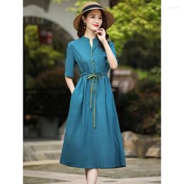 Party Dresses Blue Cotton Linen Summer Thin Retro Ethnic Style Drawstring Midi Dress Women Short Sleeve Solid High Waist Clothing