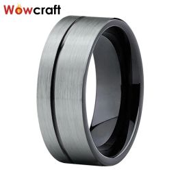 Rings 6mm 8mm Black Tungsten Carbide Rings Flat Shape Grooved Design Brushed Finish Wedding Bands for Men Comfort Fit