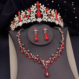 Necklaces Quality Red Crown Bridal Wedding Jewellery set Women Prom Birthday Bride Tiaras and Necklace earrings sets Costume Accessory