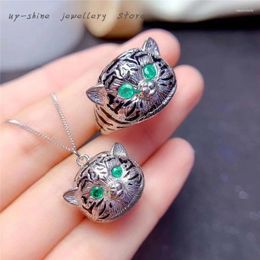 Cluster Rings Chinese Style 925 Silver Inlaid Natural Emerald Ring & Pendant Set The Year Of Tiger Is Auspicious Domineering And Cute