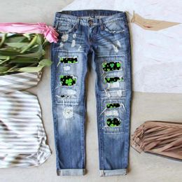 Women's Jeans Solid Colour Distressed Mid Waist Ripped Slim Skinny Denim Trouser Korean Style Fashion Ankle Length Pants