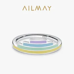 Cluster Rings Ailmay 925 Sterling Silver Unique Fashion Rainbow Colour Enamel Geometric Finger Ring For Women Wedding Banquet Fine Jewellery