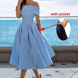 Party Dresses Sky Blue Off The Shoulder Length Satin Prom With Pockts Lace Up Back Formal Evening Gowns 18 Colors Available