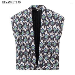 Women's Vests KEYANKETIAN 2024 Launch Ethnic Style Print Quilting Waistcoat TOPS Retro Double Pockets Thin Loose Sleeveless Vest