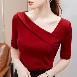 Women's T Shirts Woman's Clothing Basic T-Shirts Tops Lady Slim Short Sleeve Skew Collar Sheath Blouse SS055