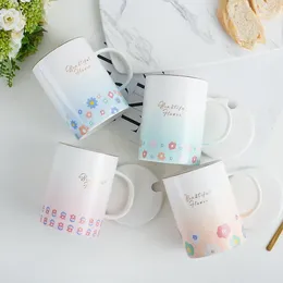 Mugs 400ml Gradient Pink Flower Ceramic Milk Coffee Afternoon Tea With Lid And Spoon Creative Office Home Kitchen