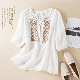 Women's Blouses Cotton Linen In The Sleeve Embroidery V-neck Shirt Female 2024 Summer Korean Version Of Literary Retro Loose Temperament