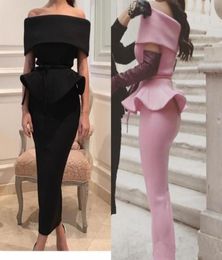 Sexy Black Evening Dresses Sheath Satin Off the Shoulder Tea Length Ruffles Cocktail Dresses Short Sleeve Party Gowns Cheap 20173298428