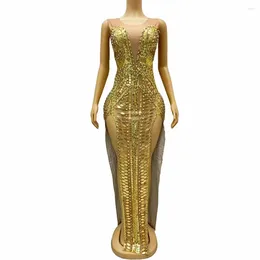 Stage Wear Sexy Shining Sequins Gold Mirrors Rhinestones Split Sleeveless Dress Evening Fancy Festival Costume Singer Poshoot Outfit