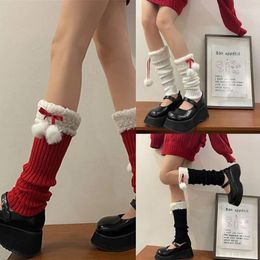 Women Socks Winter Ribbed Knit Leg Warmer Stockings Y2K Harajuku Furry Trim Plush Ball Bow Christmas Cover Long Boot