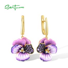 Earrings SANTUZZA Pure 925 Sterling Silver Earrings For Women Sparkling Pink And Purple Peony Enamel Flower Dangling Elegant Fine Jewelry
