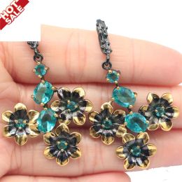 Earrings Buy 3 get 1 free 52x31mm 11g Vintage Black Gold Silver Earrings Pendant Aquamarine White Bright Cubic Zircon