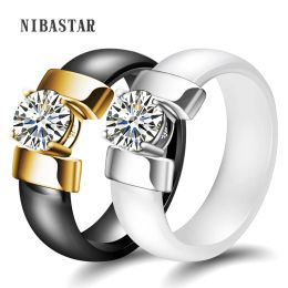 Bands Jewellery Black&White Ceramic Wedding Ring Cubic Zircon Delicate Cabochon Smooth Engagement Rings For Women