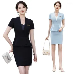 Two Piece Dress 2024 Summer Formal Professional Business Work Wear Suits Short Sleeve With Skirt And Tops Blazers Set