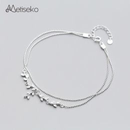 Strands Metiseko 925 Sterling Silver Double Layers Anklet Bracelet for Women Tree Branch Leaves & Silver Beads Chain Anklet Foot Beach