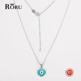 Necklaces RORU Real 925 Sterling Silver Lucky Eye Blue Drip Oil Turkish Evil Eye Round Pendant Necklace for Women Girls Party Jewelry 2022