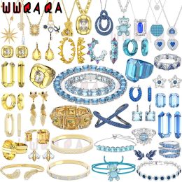 Strands 2024 New Trend Original Fine Jewelry Set Charm Blue Yellow Geometric Crystal Fashion Women's Necklaces Earrings Ring Bracelet