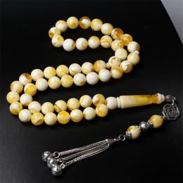 Clothing Islamic Tasbih 33 rosary yellow resin Amber tesbih Silver Colour Metal tassel Muslim Ramadan Gift arabic Prayer beads