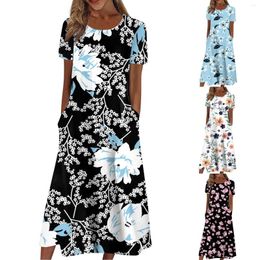 Casual Dresses Women's Summer Fashion Vintage Floral Printed Slim-Type Round Neck Loose Vestidos Largos