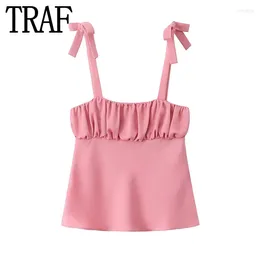 Women's Tanks Bow Pink Crop Top Women Ruched Satin Sleeveless With Straps Backless Sexy Summer Tops Woman 2024 Cute Short