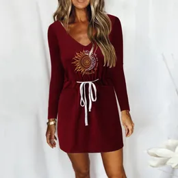 Casual Dresses Women Fashion Autumn Sunflower Print Long Sleeve V-Neck Loose Vestidos Drawstring Beach Mini Dress Robe Femme