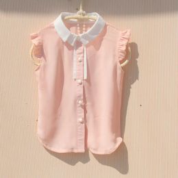 T-shirts Korean Children Girls Shirts Summer Chiffon Cool Tops Teenage Girls Ruffle Blouse Kids Sleeveless Turndown Collar Vest Shirts