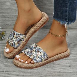 Slippers Ladies Floral Cloth Flip Flops 2024 Open Toed Straw Woven Flat Beach Shoes For Women Boho Slides Zapatos