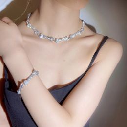 Strands Fashion Silver Colour Collar Chain Choker Necklace for Women Crystal Spliced Bracelet Jewellery Set Wedding Party Christmas Gift