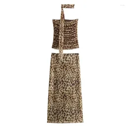 Work Dresses 2024 Summer Leopard Printed Midi Skirt Sets For Women 2 Pieces Fashion Corsets Top Women's Suit Two Piece Set Outfit