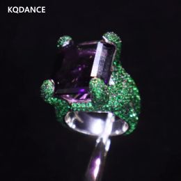 Rings KQDANCE Luxury Solid 925 Sterling Silver Large Created Emerald Rectangle Purple Amethyst Diamond Rings with Big Stone Jewelry