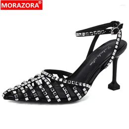 Sandals MORAZORA 2024 Sexy Kid Suede Leather Women's Rhinestone Ladies Party Slingbacks Shoes Thin High Heels Buckle