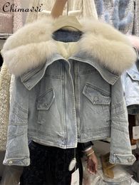 Women's Jackets 2024 Winter Clothes High-End Luxury Fur Denim Coat Duck Down Feather Liner Large Lapel Ladies