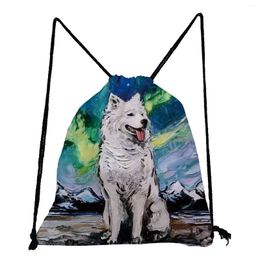 Shopping Bags Shoes Bag Fashion Portable Starry Sky Oil Painting Dog Printed Travel Drawstring Pocket Backpack For Women Student Book