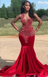 Dark Red Velevt Prom Dress 2024 Black Girl Mermaid Sheer O Neck Diamond Beaded Crystal Formal Birthday Evening Gala Gowns Robe De Soiree