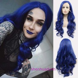 Designer mänskliga peruker hår för kvinnor peruk kvinnor halv handvävd hög temperatur siden mode blå långt lockigt hår framspets täckning