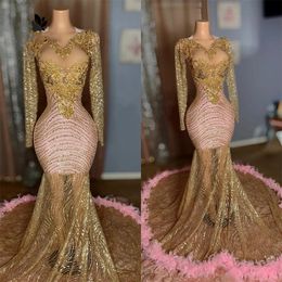 Elegant Pink Feather See Thru Gold Long Prom Dresses For Black Girls African Mermiad Birthday Party Dress vestido de gala