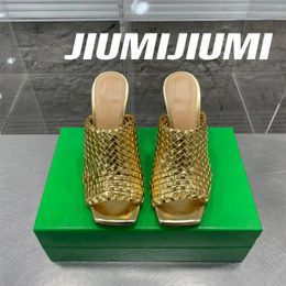 Slippers 2024 JIUMIJIUMI Summer Handmade Genuine Leather Weave Woman Beach Shoes Open-Toe Strange STyle Slides Sapato Feminino