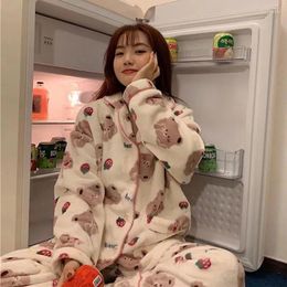 Women's Sleepwear Kawaii Winter Warm Pajama Strawberry Bear Pattern Pyjamas Coral Fleece Home Clothes 2 Piece Set Pijamas Lounge Wear