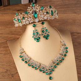 Necklaces KMVEXO Gorgeous Crystal Bridal Jewelry Sets for Women Fashion Tiaras Earrings Necklace Crown Bride Wedding Dubai Jewelry Set