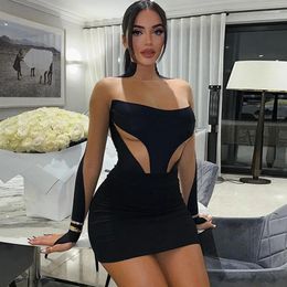 Casual Dresses Sexy Party Mini Dress Women Clothing Mesh Long Sleeve Stitching Tight Bodycon See Through Transparent Vestidos Streetwear