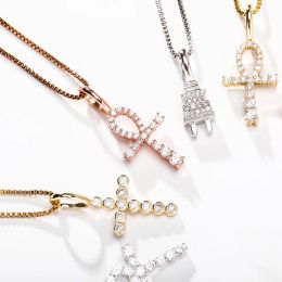 Necklaces S925 Sterling Silver Bling Ice Out CZ Zircon Ankh Cross Plug Pendants Necklaces for Women Men Hip Hop Rapper Jewelry
