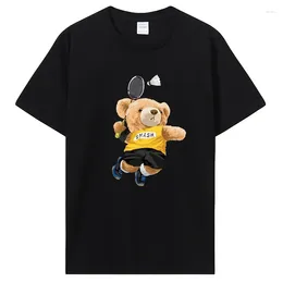 Men's T Shirts Teddy Bear Playing Badminton Tshirt Exercise Clothing Cotton Tops Graphics Kawaii Men Women Short Sleeve Printed T-Shirt