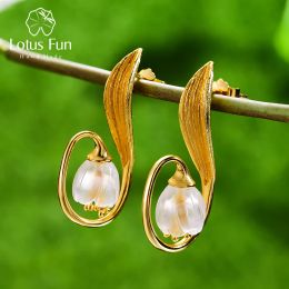 Earrings Lotus Fun Real 925 Sterling Silver Handmade Fine Jewellery Natural Crystal Gold Lily of the Valley Flower Drop Earrings for Women