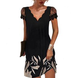 Sommer Womens Casual Positioning Print Spitze gegen Nacken Kurzarm Kleid