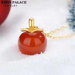 Necklaces Genuine AU750 Real 18K Gold Necklace Pendant Natural Red Agate Apple Christmas Gifts For Woman Fine Jewelry With Certificate