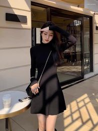 Casual Dresses French Black Long Sleeve Knitted Mini Dress For Women 2024 Chic Half Turtleneck A Line Sweater Autumn Female High Street