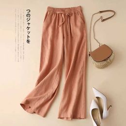 Women's Pants Capris Orange solid casual elastic high waisted cotton linen womens pants Korean fashion straight ankle length womens pants 2024 Y240422
