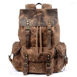 Backpack Vintage Leather For Men Waxed Canvas Shoulder Rucksack Carry On Travel