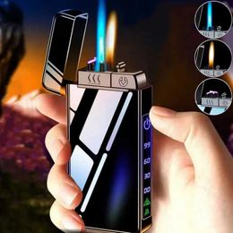 Lighters 3 in 1 Unusual Butane Gas Lighter Windproof Dual Arc Open Fire Jet Fire Charge One Button Switch Visible Oil Window USB Lighter T240422