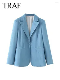 Women's Suits 2024 Spring Trendy Blue Denim Blazer Solid Long Sleeves Pockets Elegant Single Button Lapel Chic Loose Causal Coats